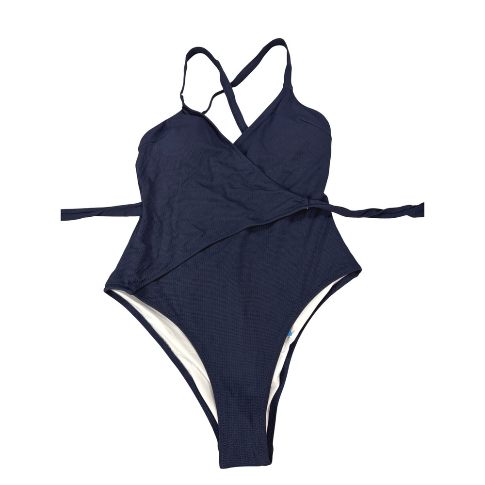 Cupshe Womens Navy Blue Textured Wrap One Piece Swimsuit Size Medium NWT